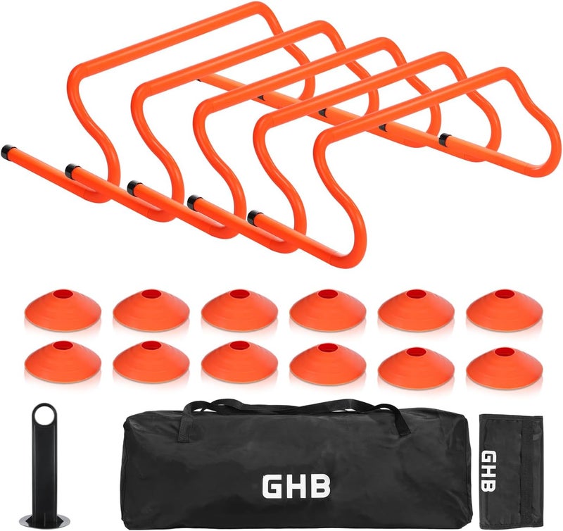 GHB Speed Agility Training Equipment, 5 Pack Agility Hurdles Soccer Cones 12 Pack Detachable Sturdy Hurdles Training Equipment Set with Carry Bag for Athletes,Soccer,Basketball - Image 1
